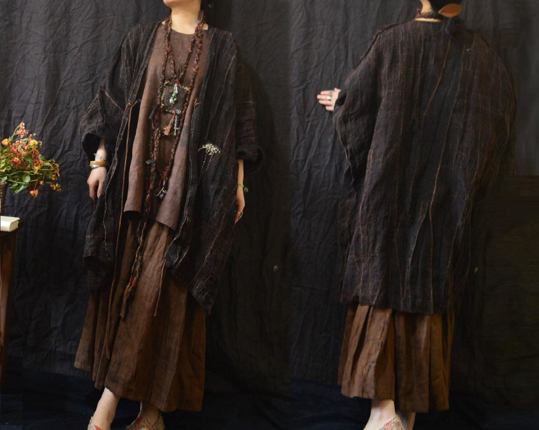 edoa Loose Fitting Persimmon Dyed Hand Woven Linen Cardigan Coat 
