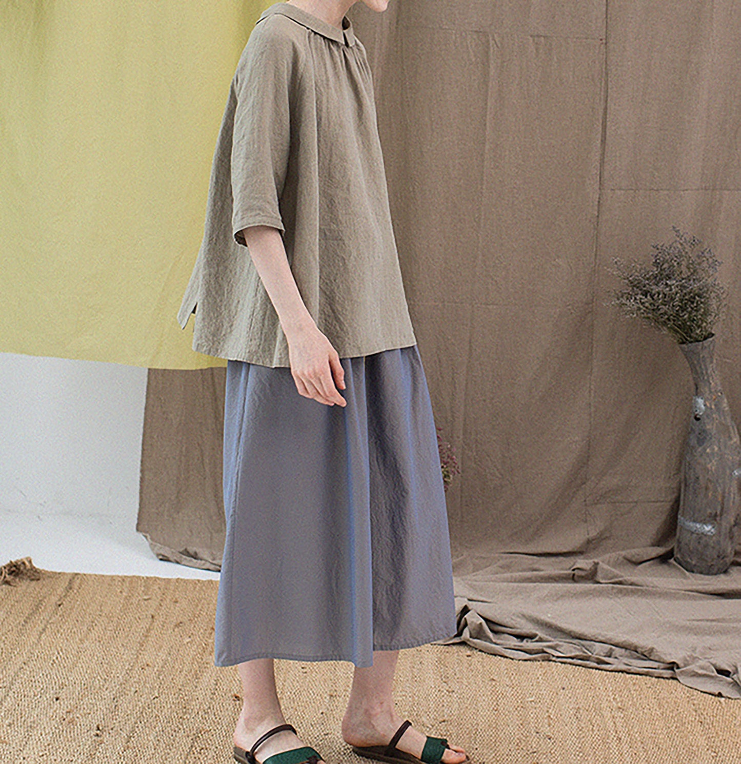edoa Revesible Yarn dyed French Linen Peterpan Collar Blouse with Gather Neck