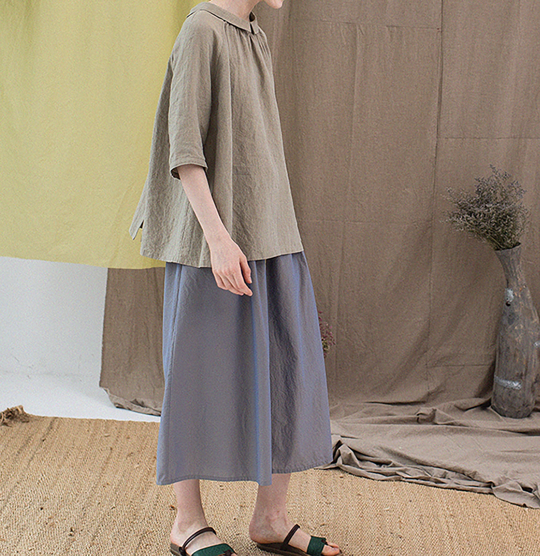 edoa Revesible Yarn dyed French Linen Peterpan Collar Blouse with Gather Neck