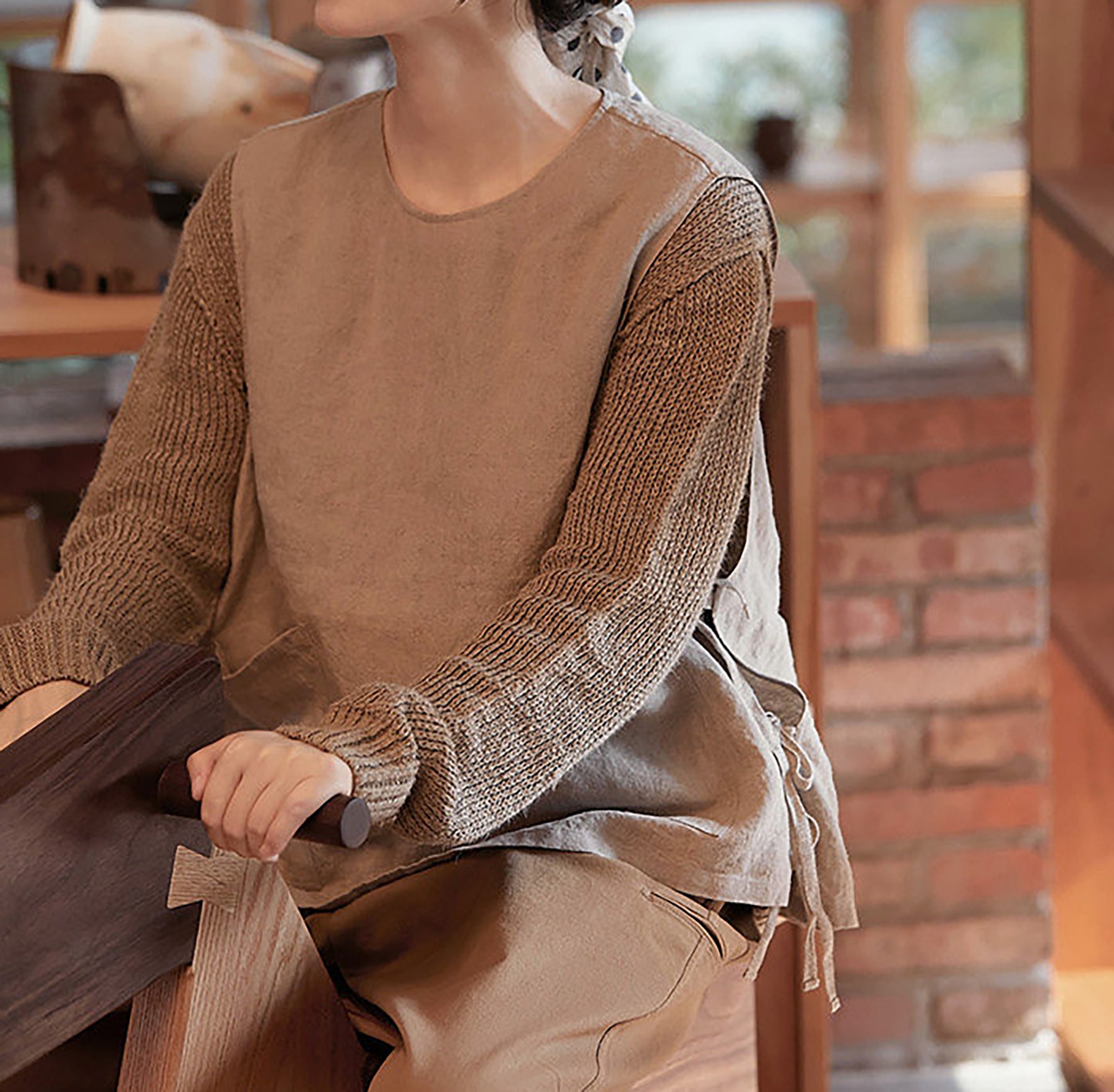 edoa Loose Flax Linen Two-piece Pullover Tie Vest