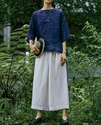 edoa High Counted Ramie Tee with Hand-sewn Applique'