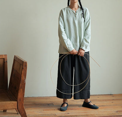 edoa Mint Green Linen Long Sleeve Artist Pullover Shirt