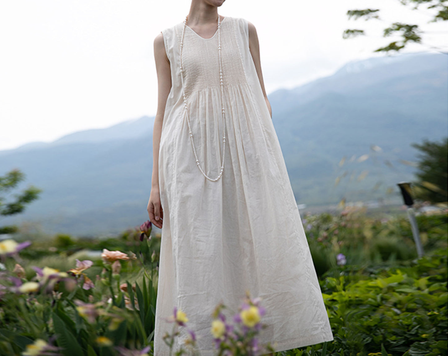 edoa High Count Cotton Pintucked Sleeveless Dress