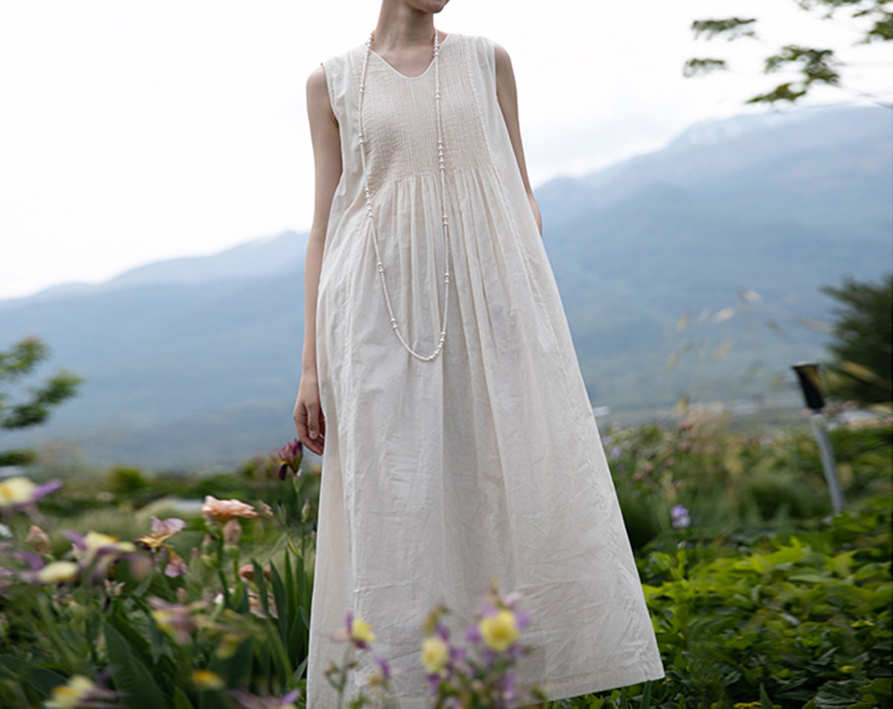 edoa High Count Cotton Pintucked Sleeveless Dress