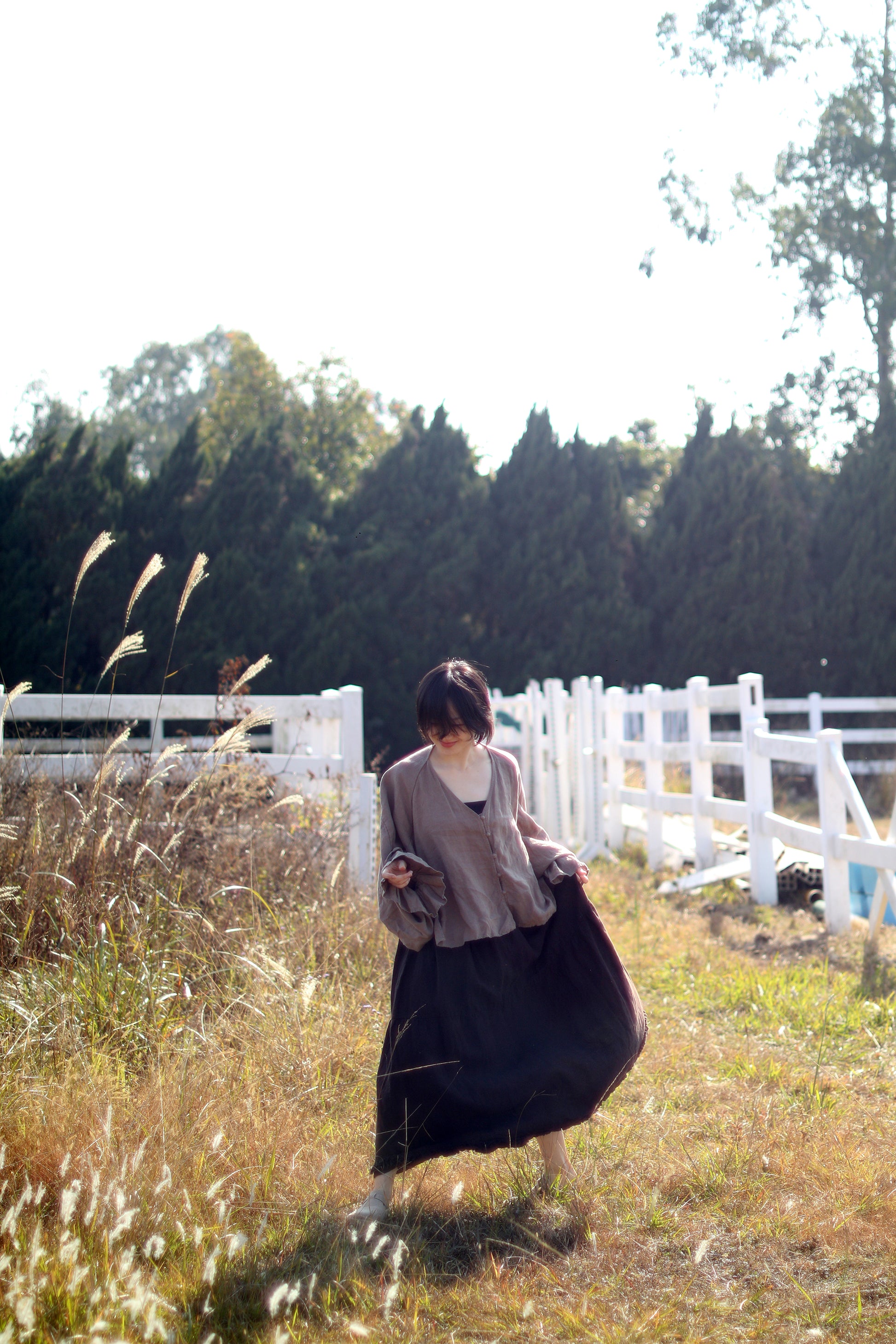 edoa Linen Three Tiered Ruffle Vineyard Skirt 