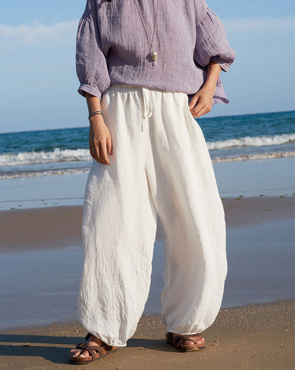 edoa White Linen Balloon Silhouette Trousers 