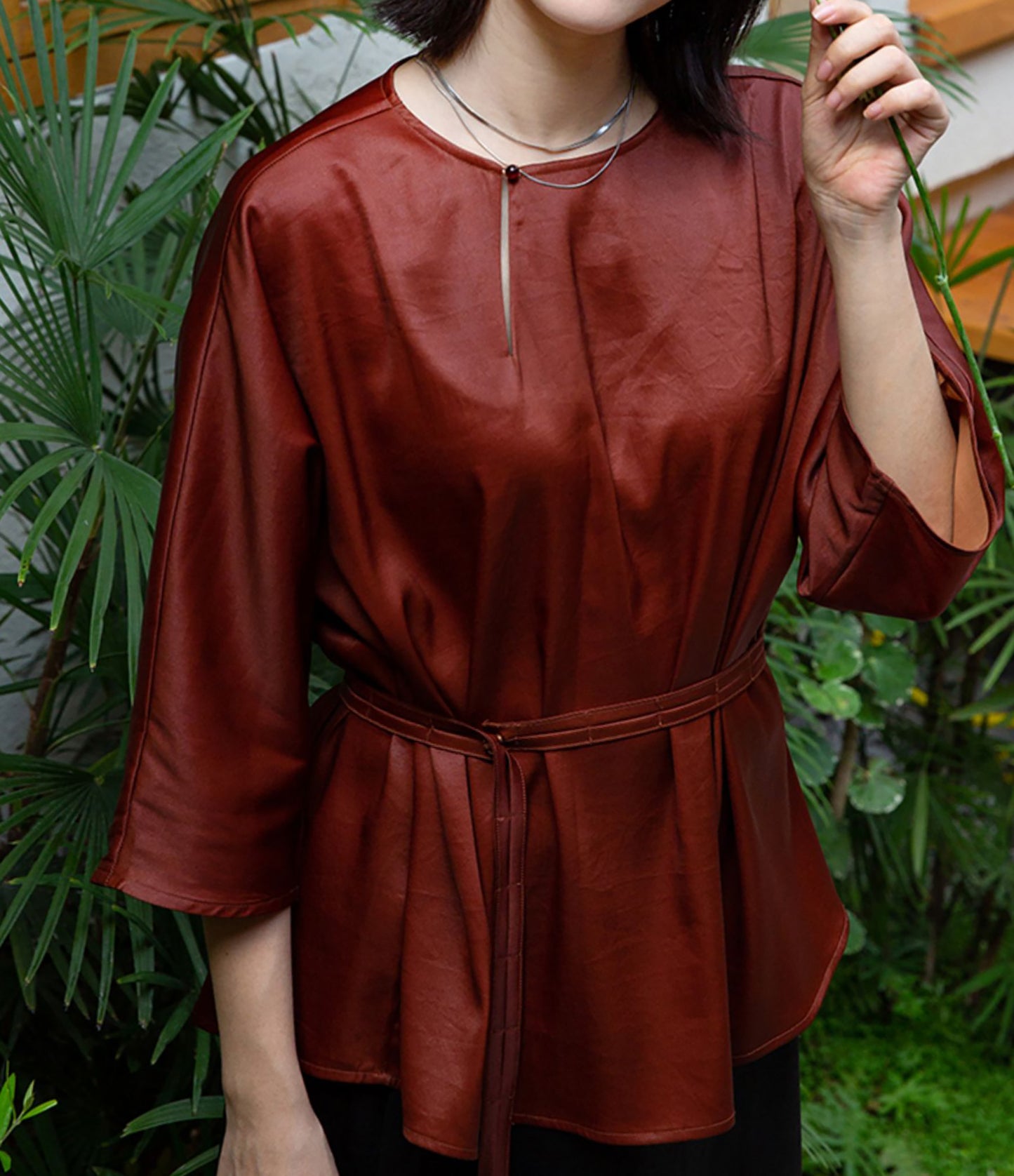 edoa Rust Mud Silk Satin Blouse 