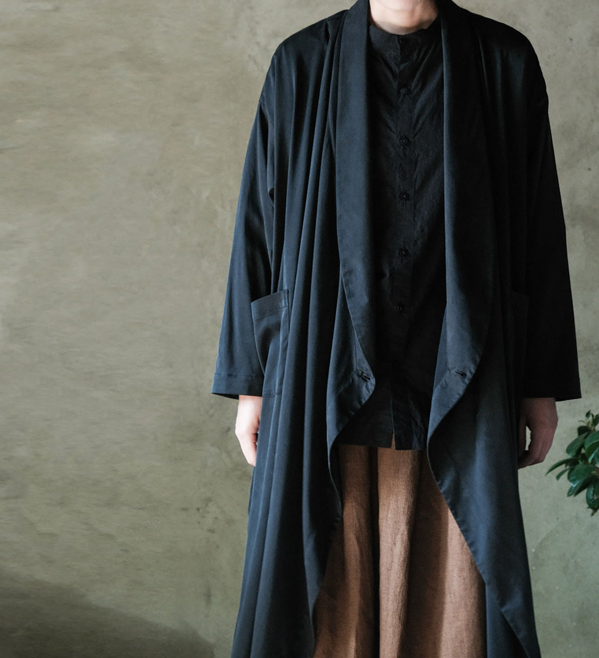 edoa Black Stone Washed Silk Charmeuse Shawl Collar Coat