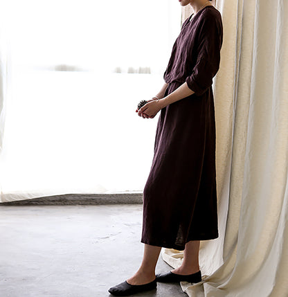 edoa Linen Wrap Dress with Hand Embroidery