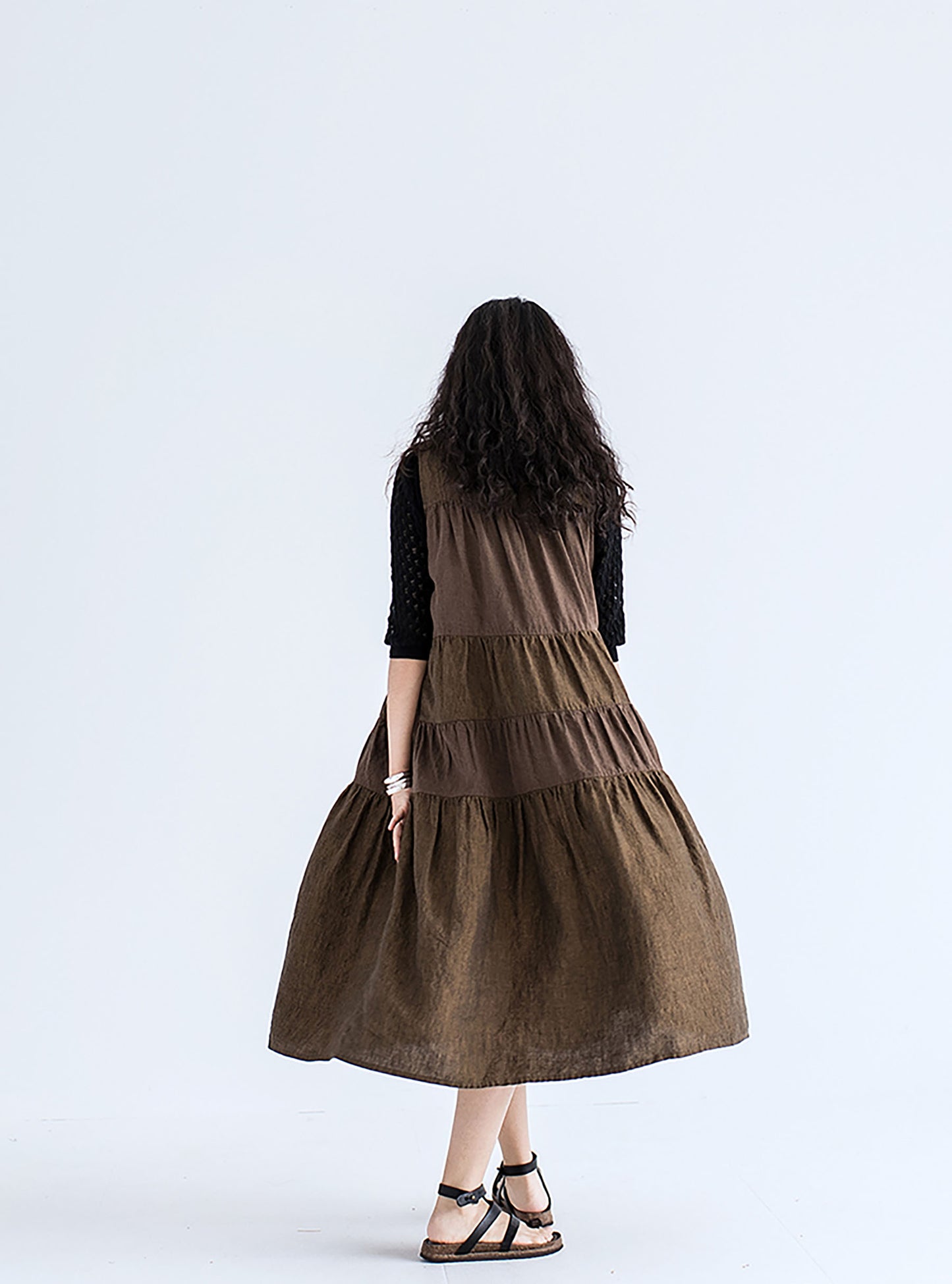 edoa Brown Two-tone Linen Tired Midi Dress