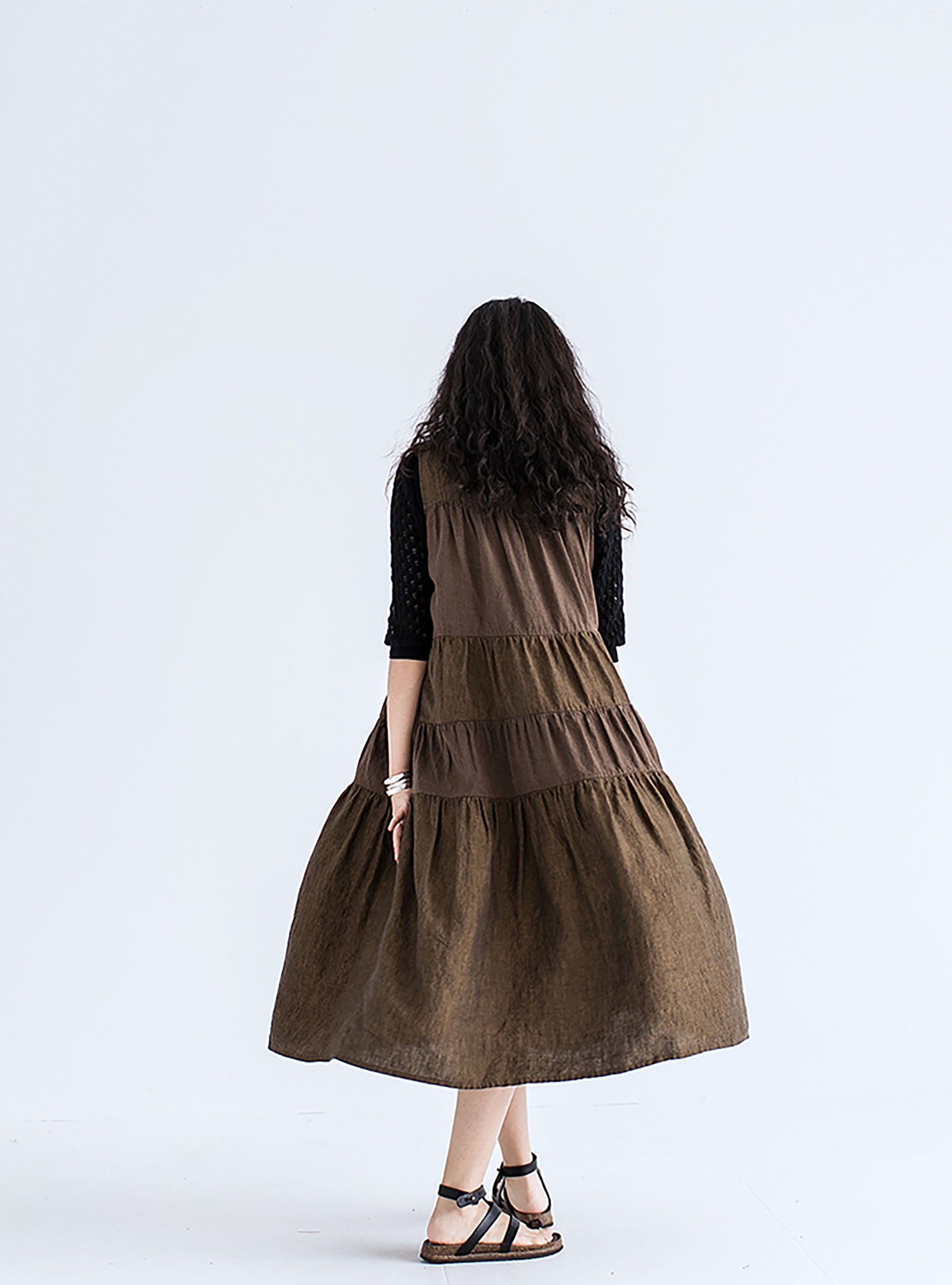 edoa Brown Two-tone Linen Tired Midi Dress