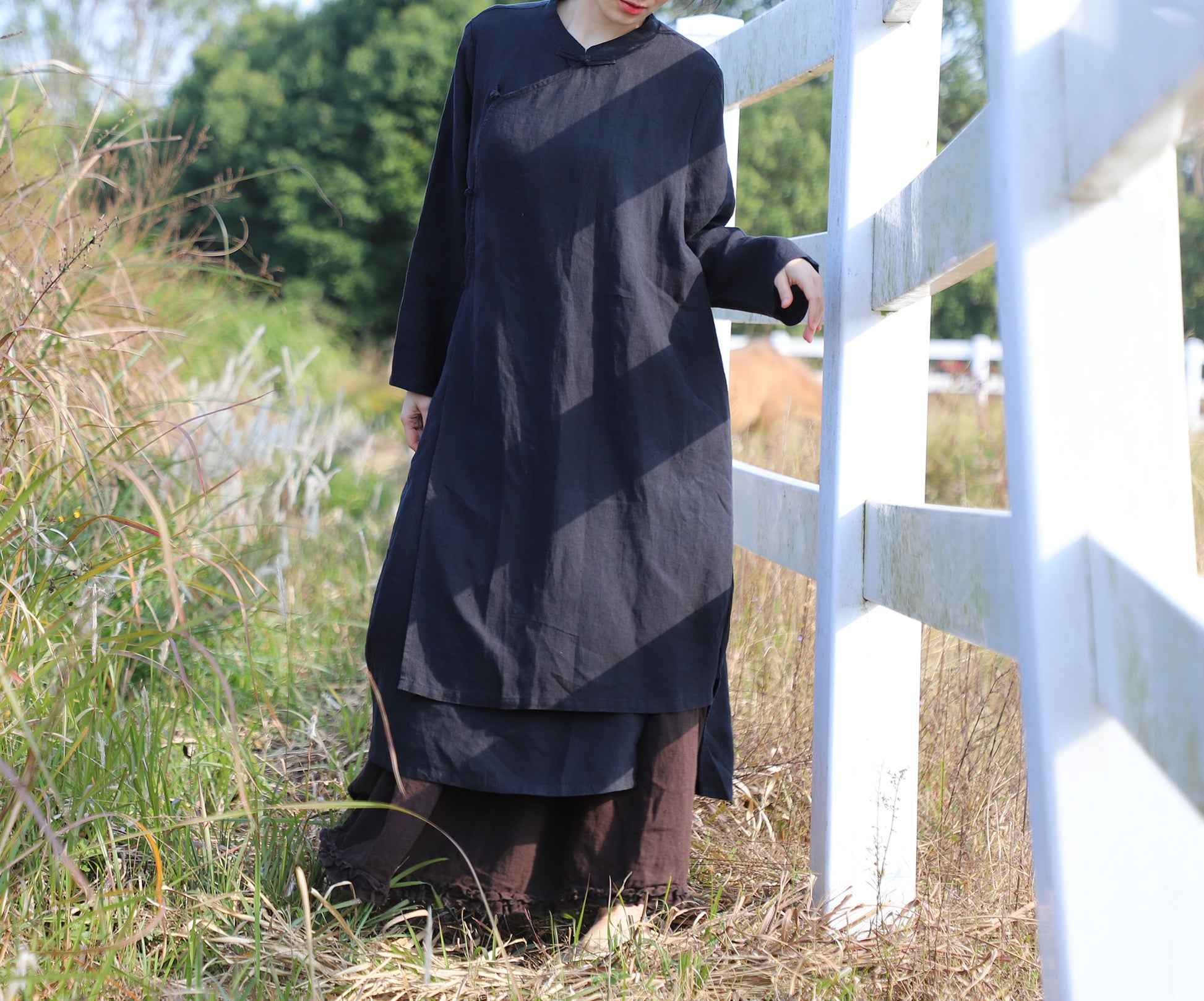 edoa Loose Black Linen Wrap Qipao Dress