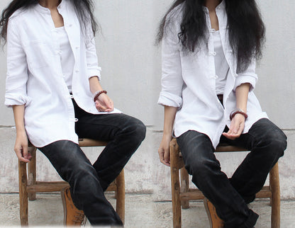 edoa Stand Collar Linen Chinese Shirt 