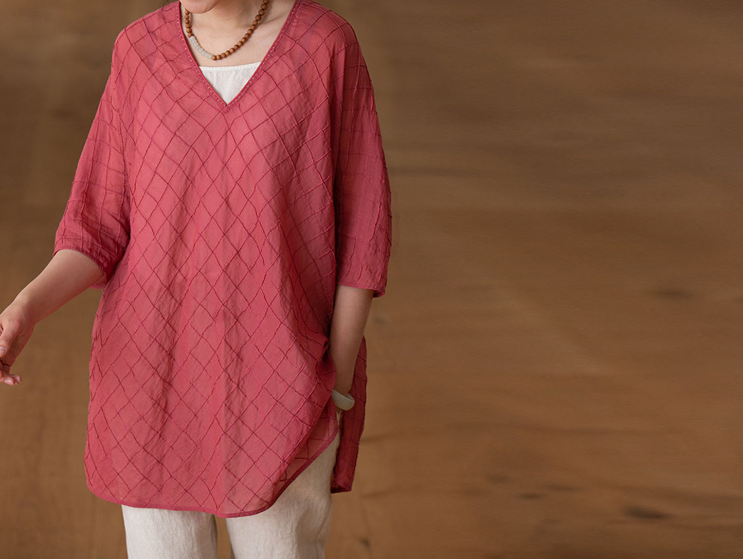 edoa High Counted Cotton Pintucked V-neck Blouse 