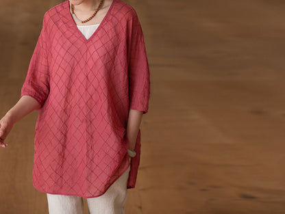 edoa High Counted Cotton Pintucked V-neck Blouse 