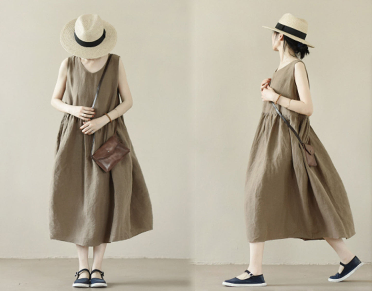 edoa Brown V-neckline High Waist Linen Sleeveless Dress
