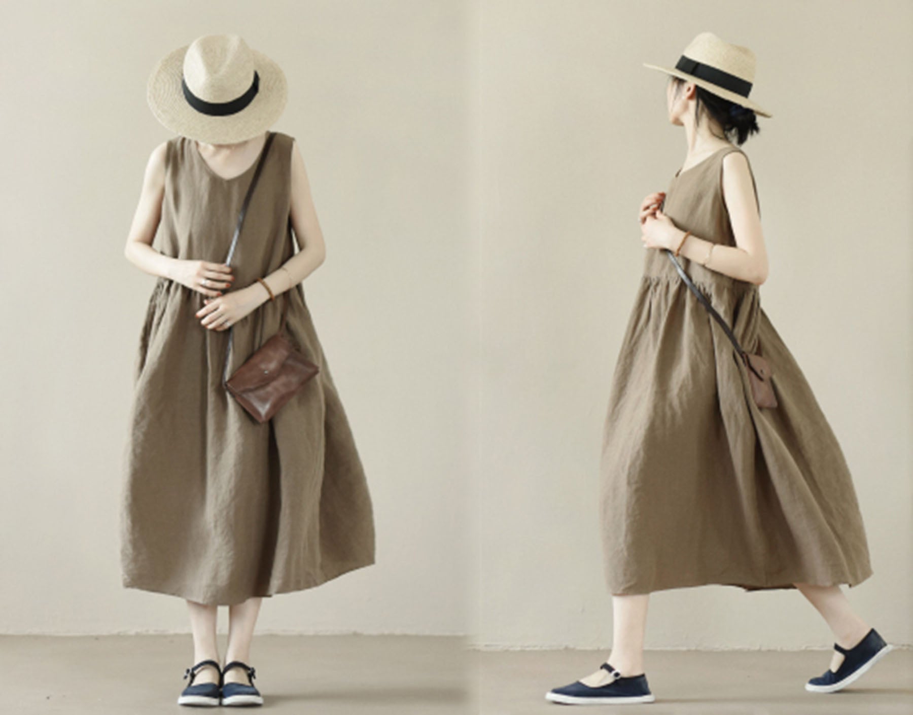 edoa Brown V-neckline High Waist Linen Sleeveless Dress
