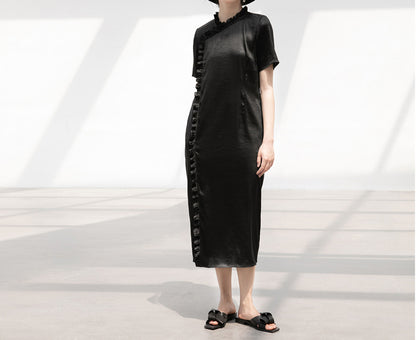 edoa Mud Silk Charmeuse Ruffle Qipao
