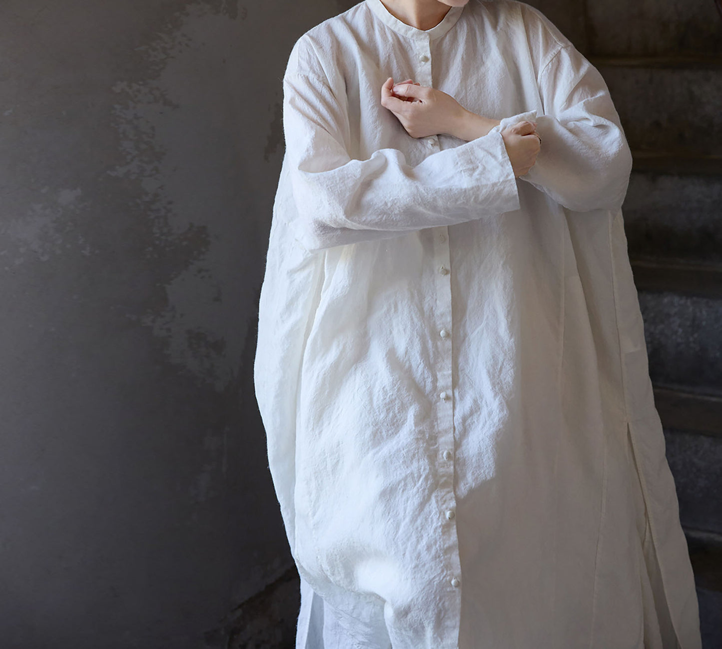 edoa Oversized White Washed Ramie Lightweight Chinese Button Down Shirt Dress