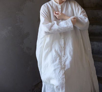 edoa Oversized White Washed Ramie Lightweight Chinese Button Down Shirt Dress