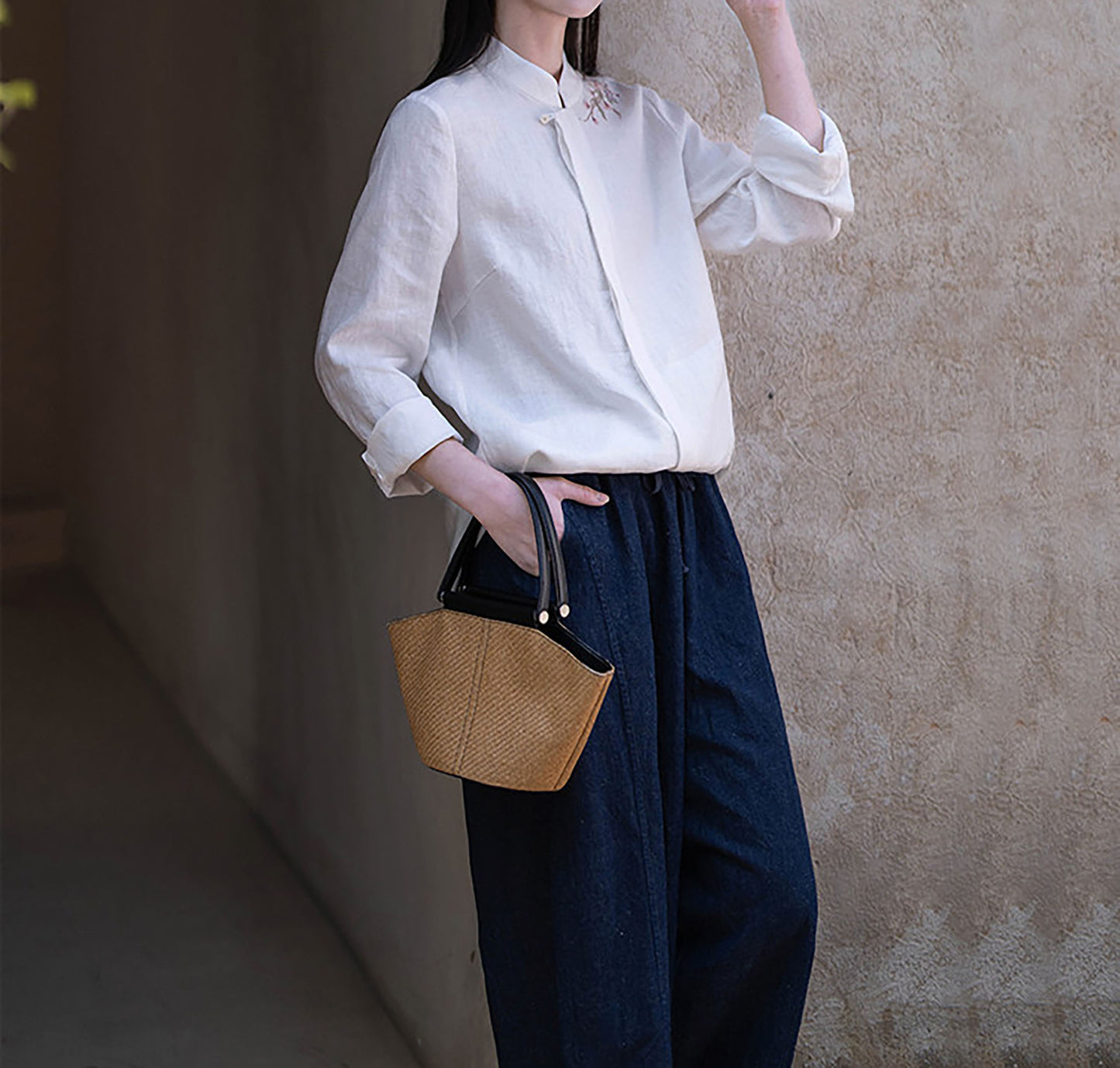 edoa White Linen Chinese Blouse with Hand Embroidery