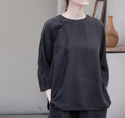 edoa Black Sand Washed Mulberry Silk Habotati Chinese Blouse