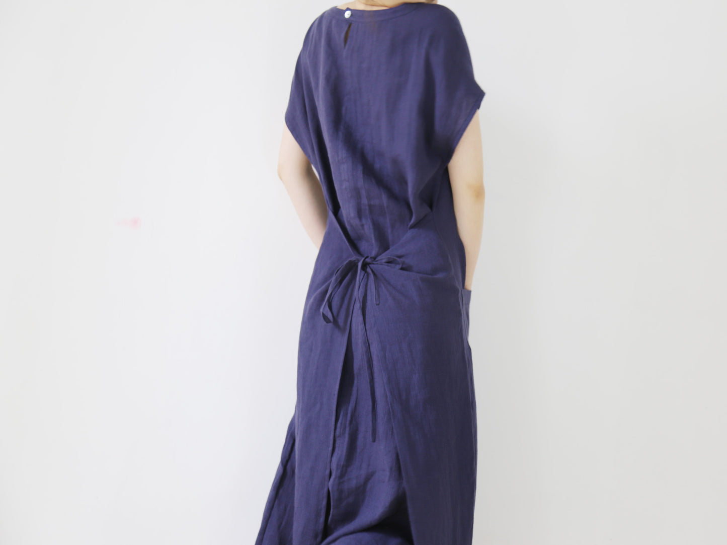 edoa Plus Size Navy Blue Washed Linen Dress 