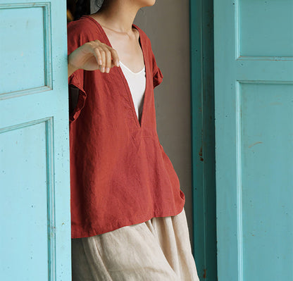 edoa Deep V-neck Washed Linen Pullover Top with Ruffled Sleeves