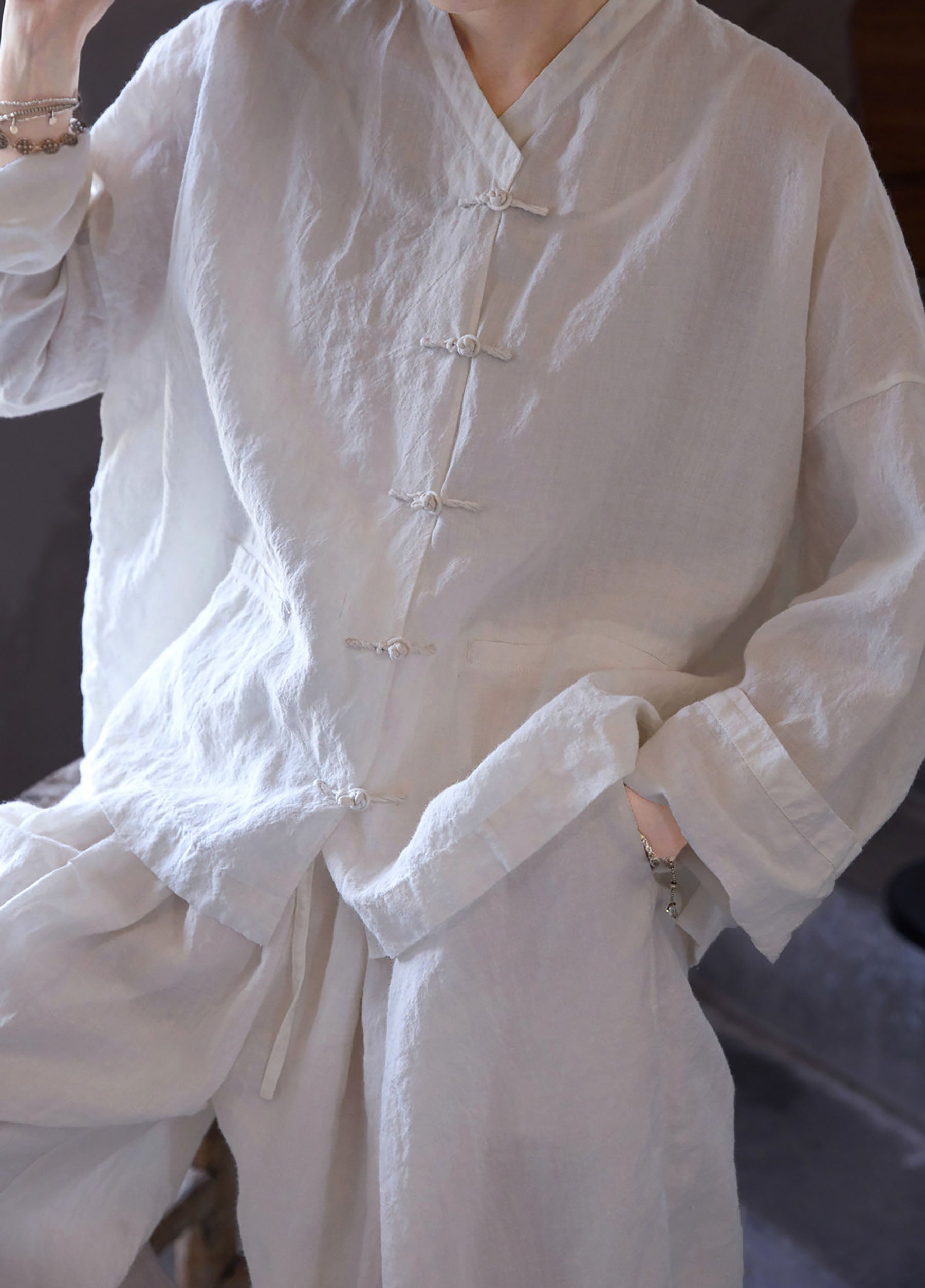 edoa Oversized Summer Oriental White Washed Ramie Chinese V-neck Button-up Shirt