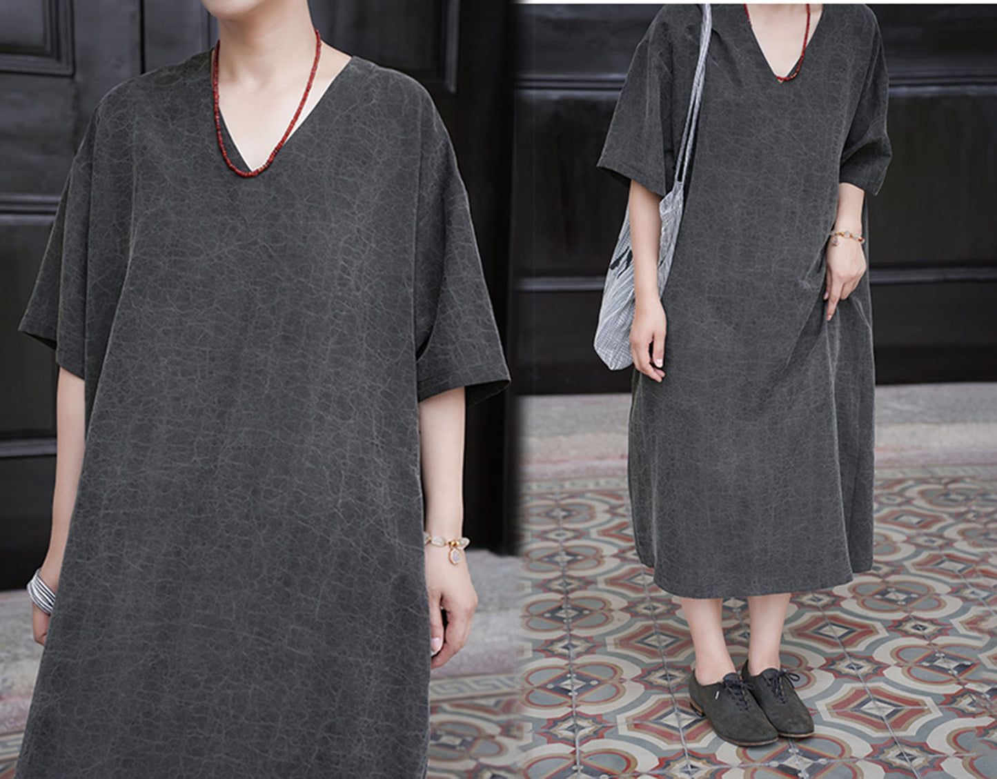 edoa Cracked Mud Silk V-neck Dress