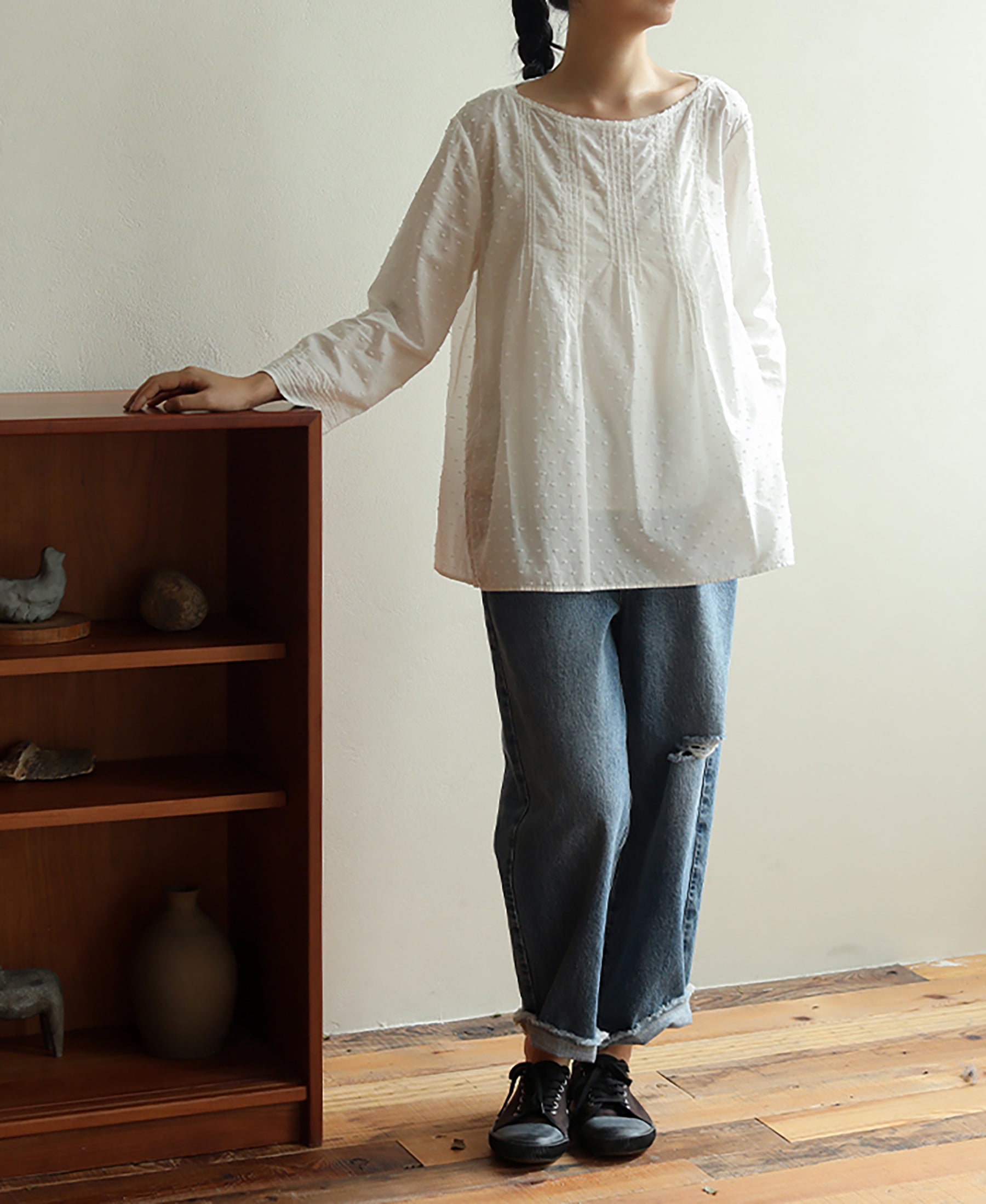 edoa Flocked Polka Dot Cotton Pintuck Blouse