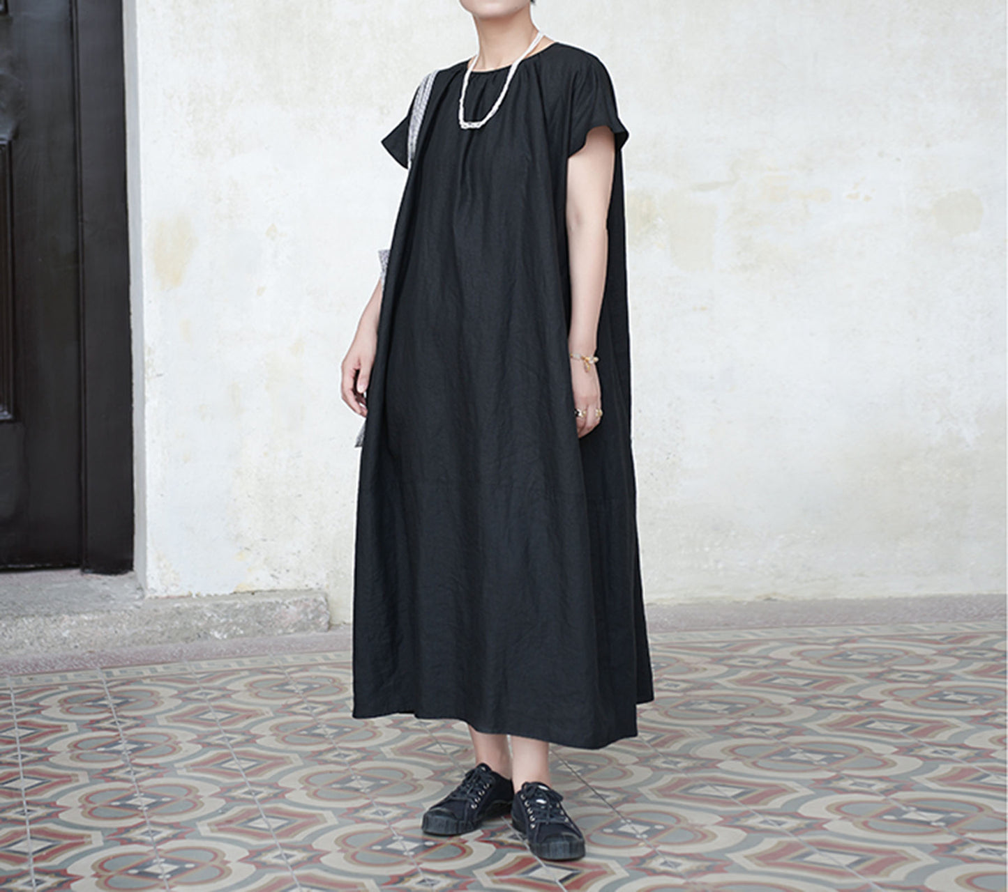 edoa Loose Linen Gathered Cocoon Dress