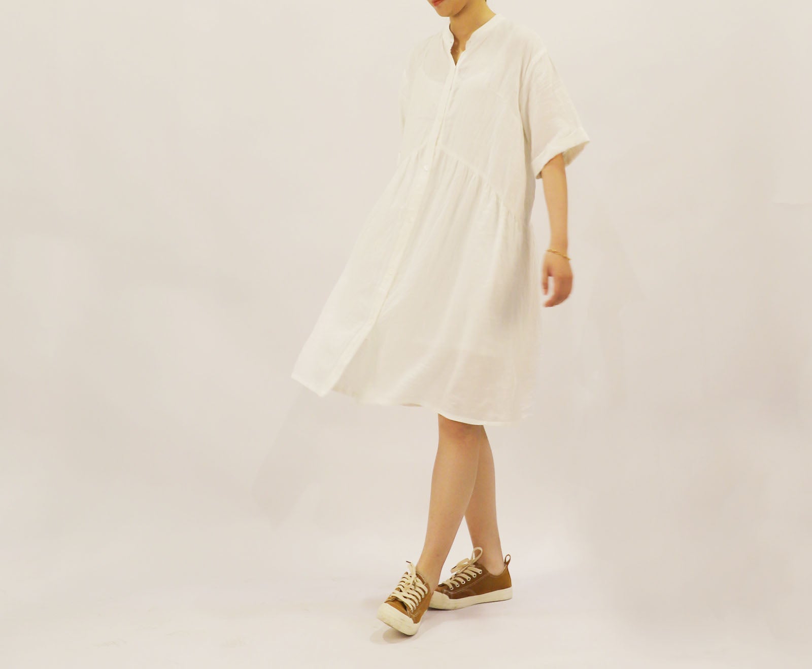 edoa Stand Collar Washed Linen Shirt Dress