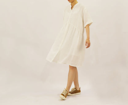 edoa Stand Collar Washed Linen Shirt Dress