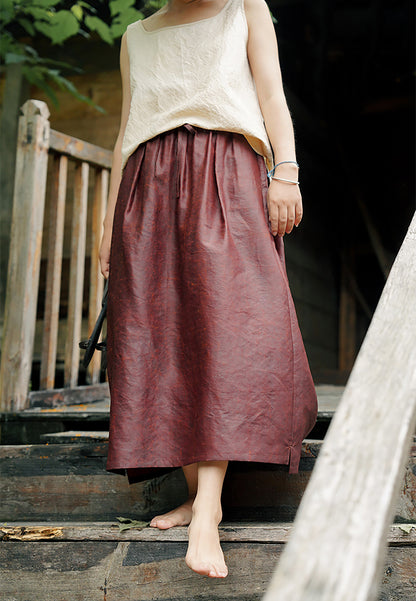 edoa Rusty Red Cracked Mud Silk Midi Skirt