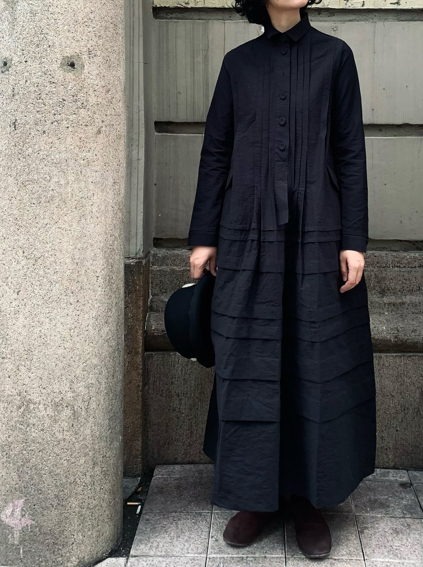edoa Paper Cotton Pintuck Pleated Medieval Shirt Dress