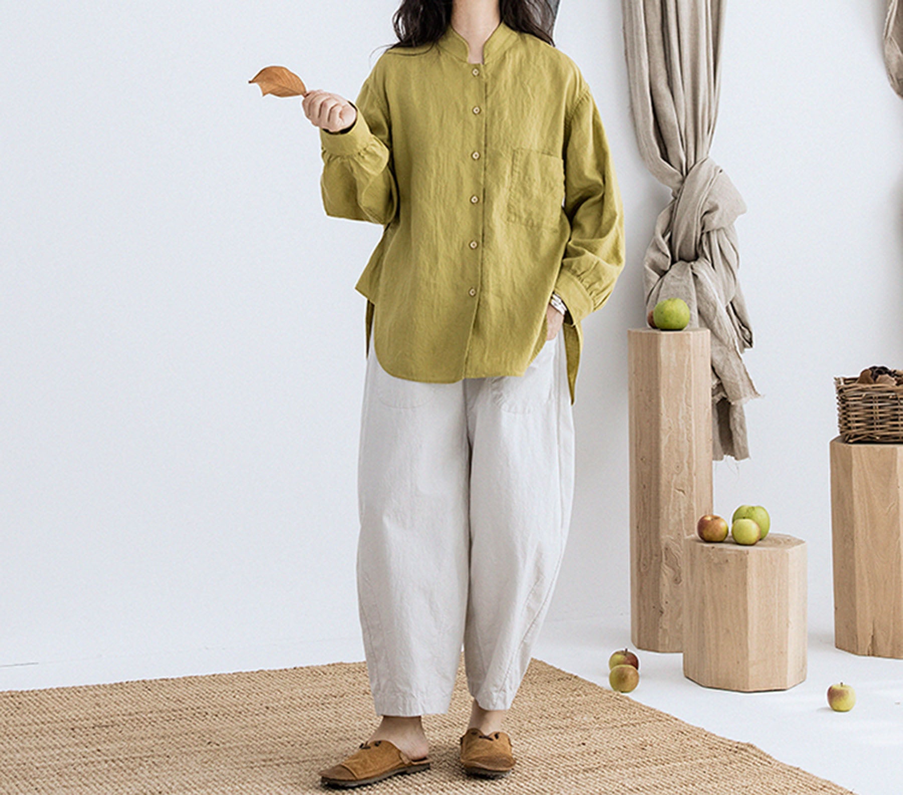 edoa High Count Prewashed Linen Multi-way Collar Shirt 
