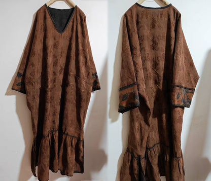 Mud Silk Linen Blend Jacquard V-neck Ruffled Hem Tunic Dress dr0402 X334