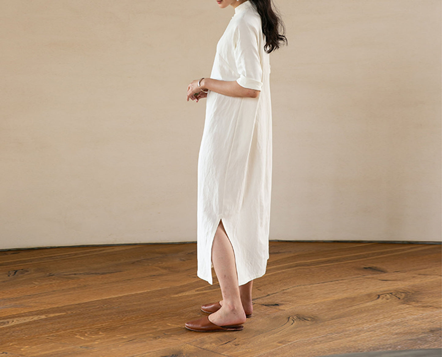 edoa Half Sleeves Silk Linen Blend Qipao