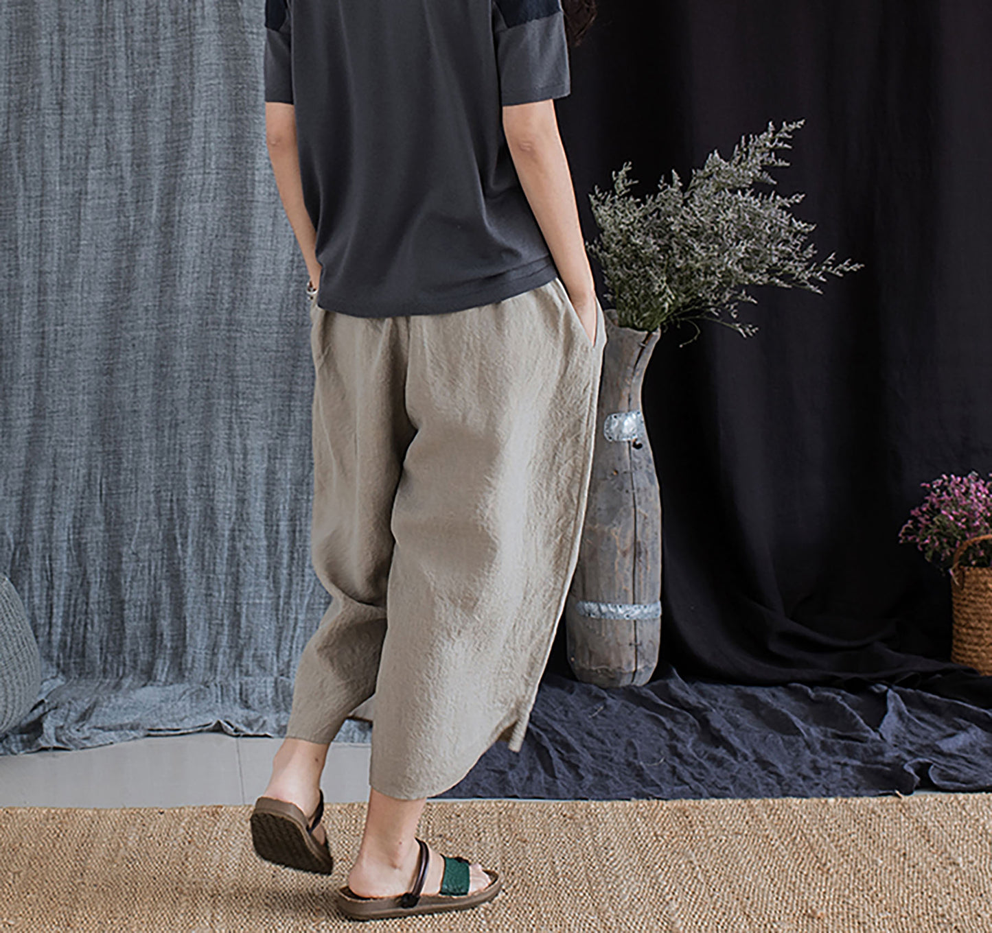 edoa Yarn Dyed French Linen Wide Pants