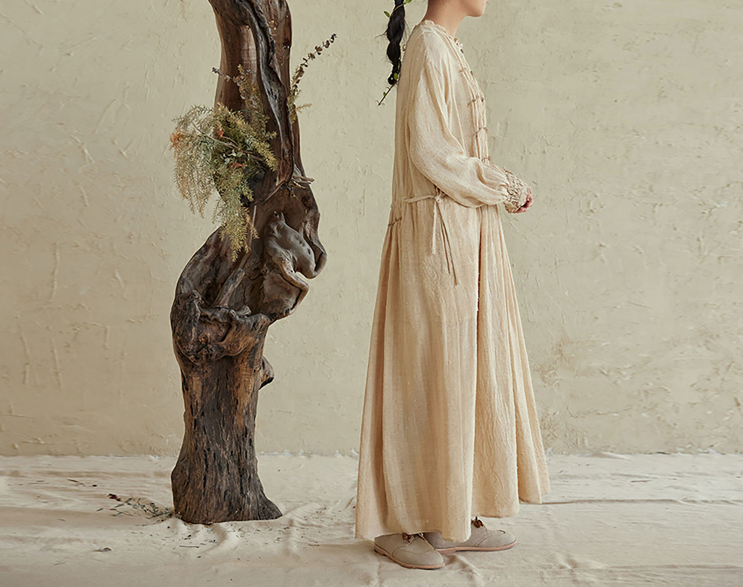 edoa Natural Raw TussaH Silk Smocking Shirt Dress