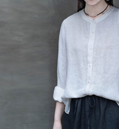 edoa White Linen Button Down Chinese Blouse