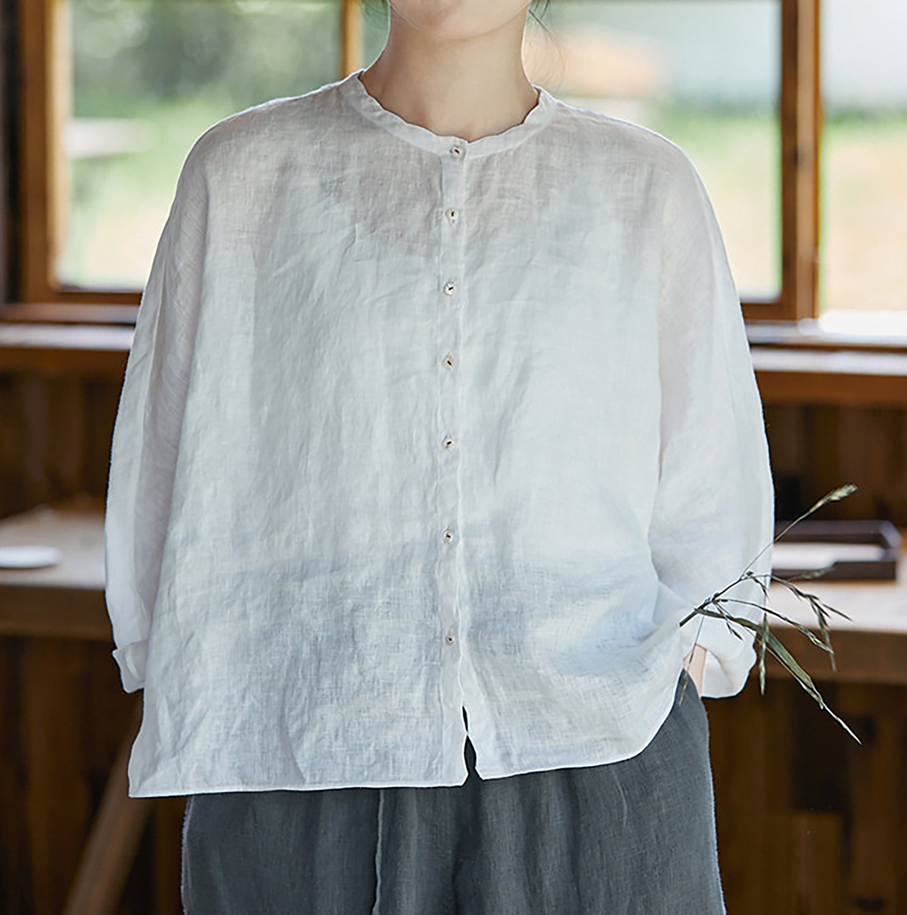 edoa Free Size Loose White Linen Petal Blouse 