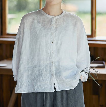 edoa Free Size Loose White Linen Petal Blouse 