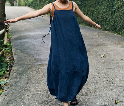 edoa Indigo Blue Linen Cocoon Shape Overall Dress