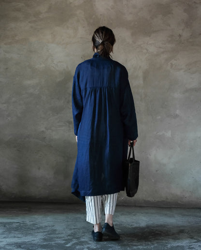edoa Indigo-dyed Ramie Shawl Collar Coat