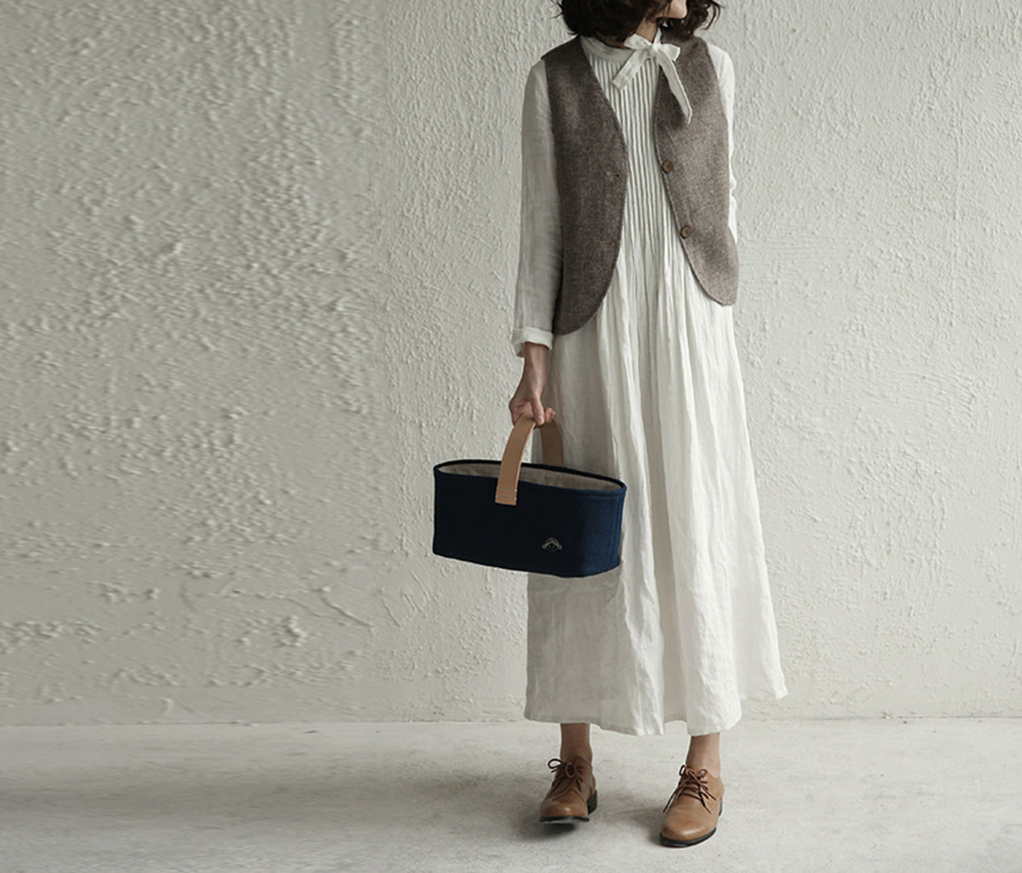 edoa Pintucked Ribbon Collar Distressed Crinkled Linen Dress