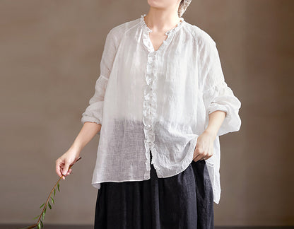 edoa Oversized High Count Hemp Ruffle Blouse