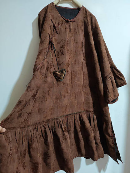 Mud Dyed Silk Linen blend Jacquard Ruffled Hem Qipao Dress dr0400 X332