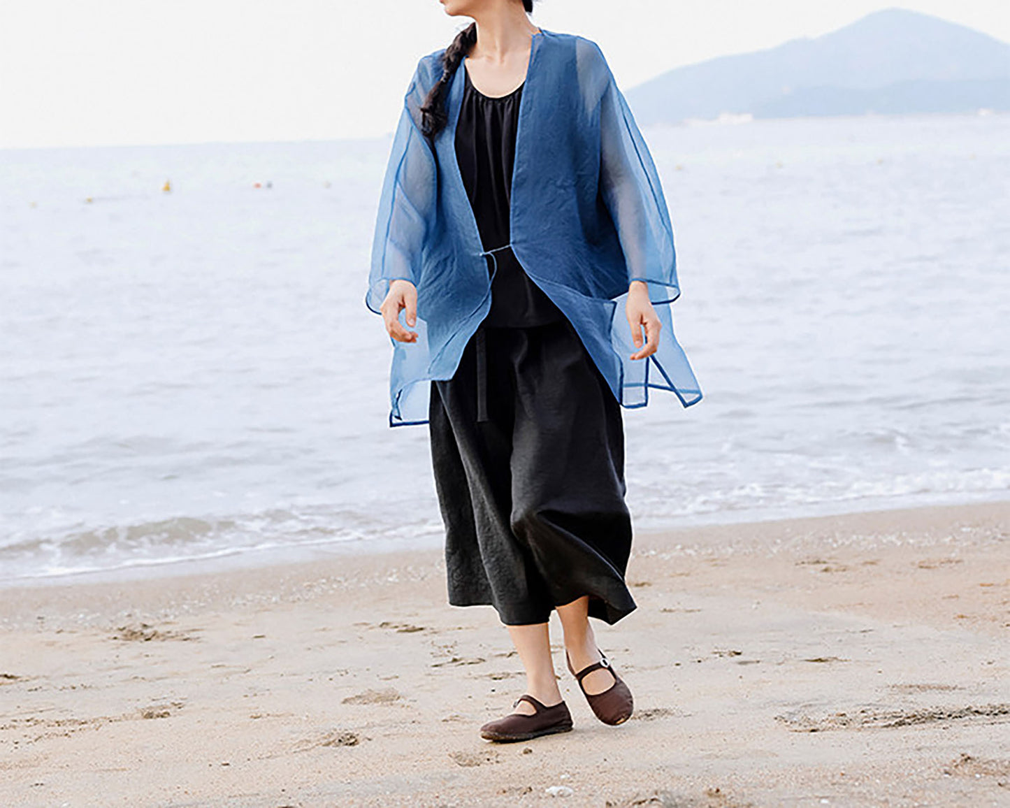 edoa Indigo Blue Mulberry Silk Organza Jacket 
